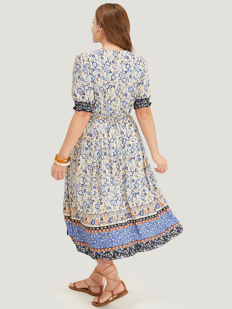 Bandana Print Surplice Neck Pocket Shirred Puff Sleeve Dress