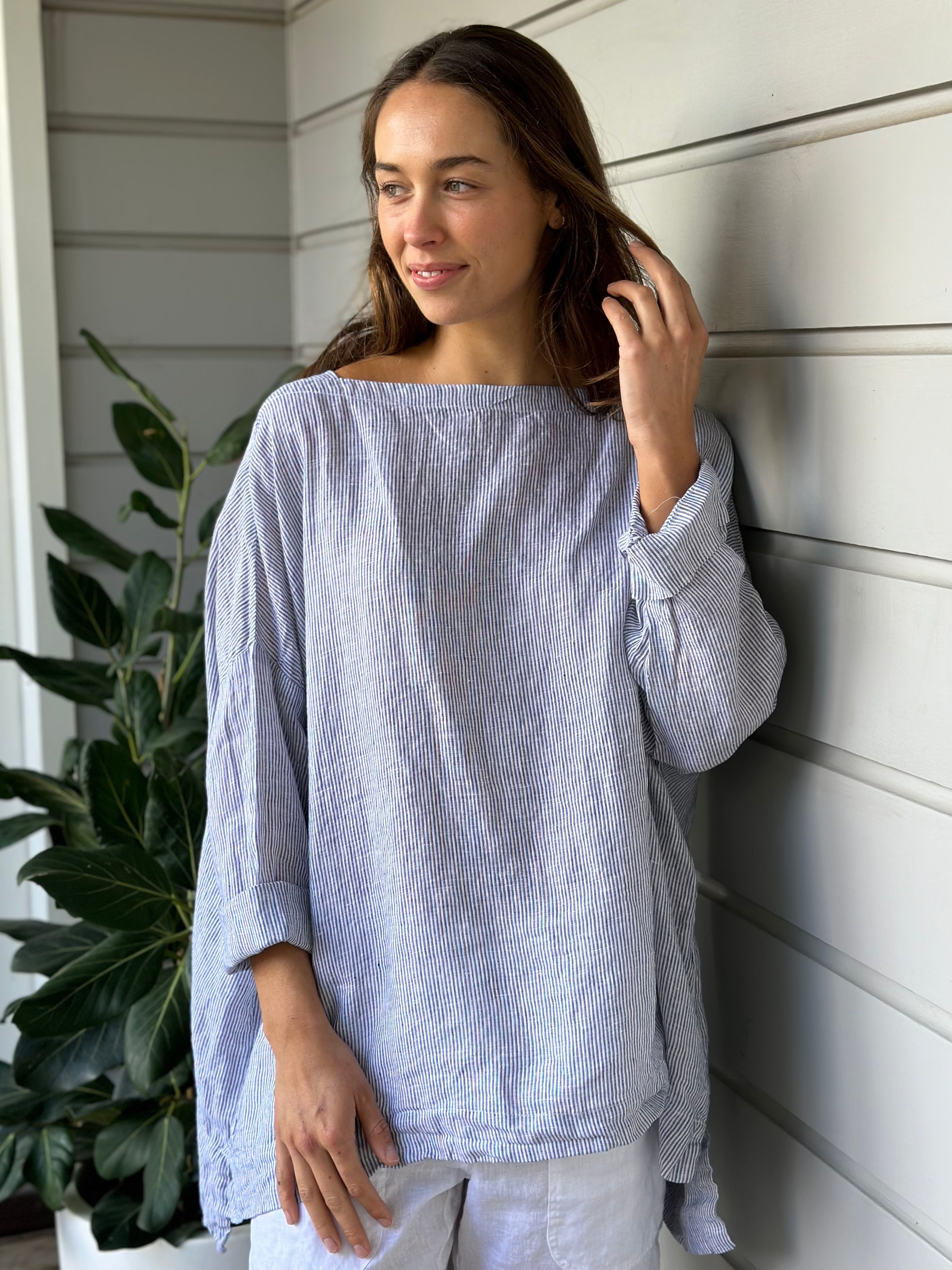 avril top - fine grey stripe linen