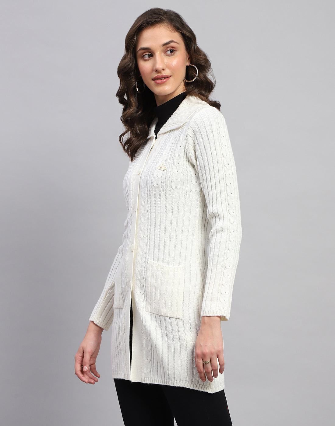 Women White Self Design Collar Full Sleeve Cardigan