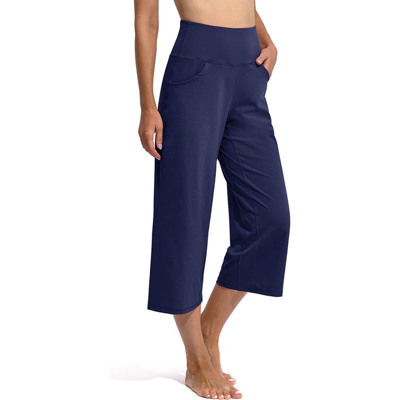 Women Wide Leg Yoga Capri High Waist Stretch Workout Sweatpants With Pockets Casual Straight Leg Pants
