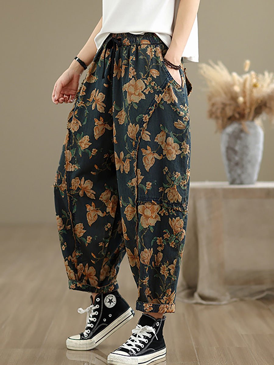 Women Retro Flower Spliced Denim Harem Pants