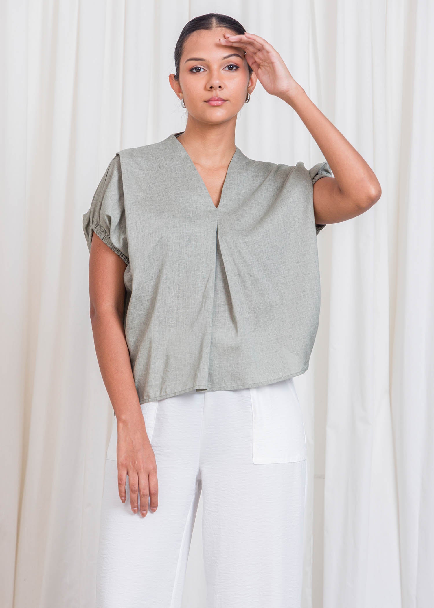 V Neck Blouse With Front Pleat