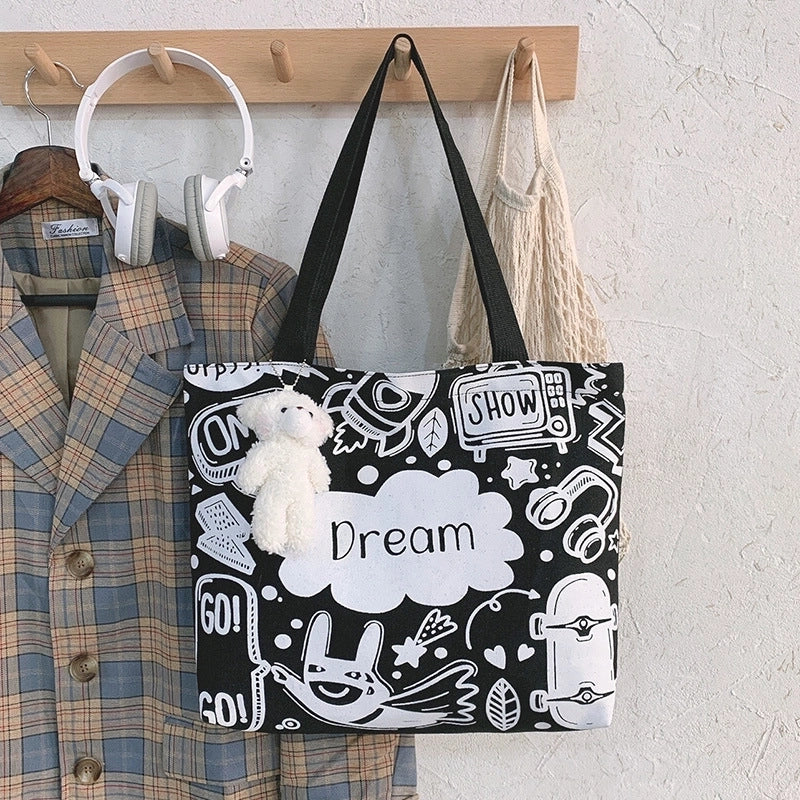 Women's Large Canvas Animal Cartoon Cute Zipper Tote Bag