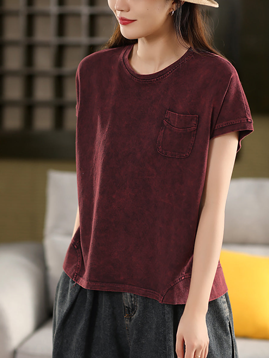 Women Summer Retro Pure Color O-Neck 100%Cotton Shirt