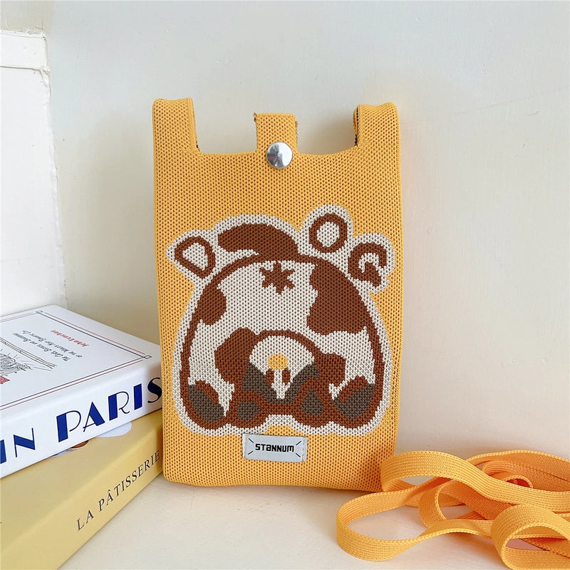 Women's Small Knit Cartoon Cute Bucket Lock Clasp Phone Wallets
