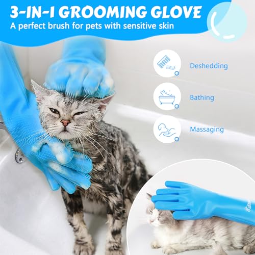 Pecute Pet Grooming Gloves. Heat Resistant Cat Bathing Gloves with High-Density Teeth. Silicone Dog Bathing Gloves with Enhanced Five Finger Design. Bathing and Massaging for Dogs and Cats Blue