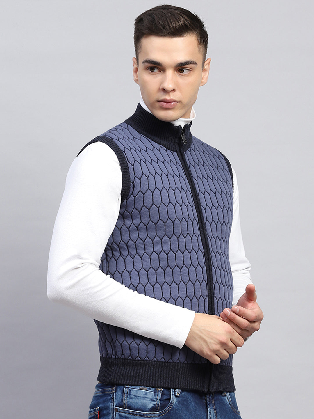 Men Navy Blue Self Design Mock Neck Sleeveless Jacket