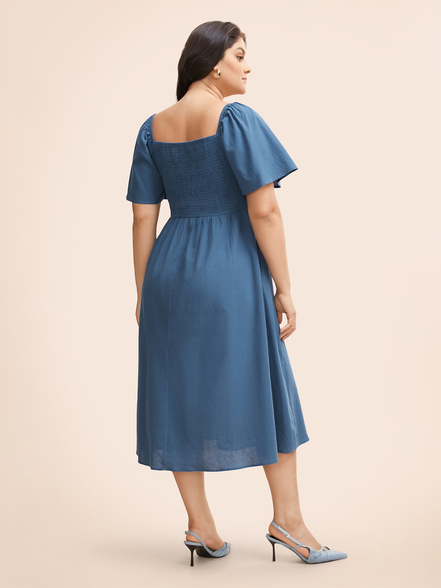 Cotton Square Neck Shirred Ruffle Sleeve Split Hem Dress