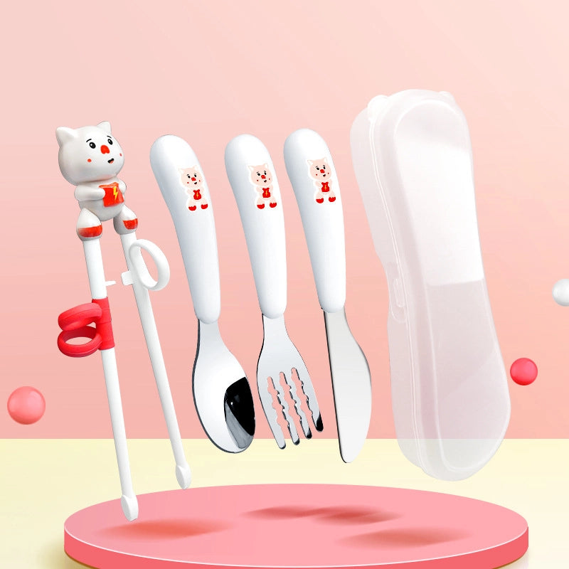 Portable Feeding Children's Tableware Set Cartoon Learning Chopsticks Training Chopsticks 304 Stainless Steel Spoon Fork