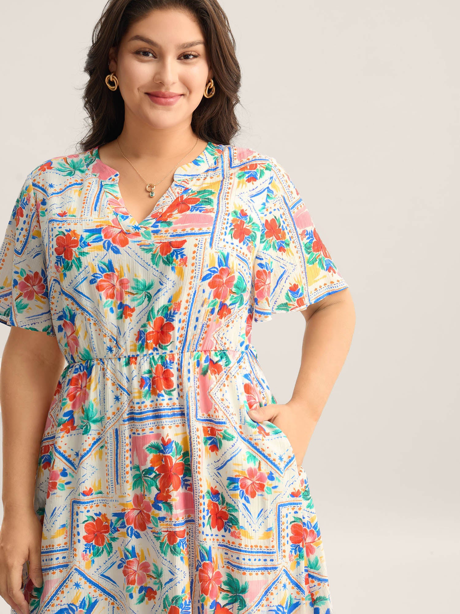 Floral Collage Print Pockets Midi Dress