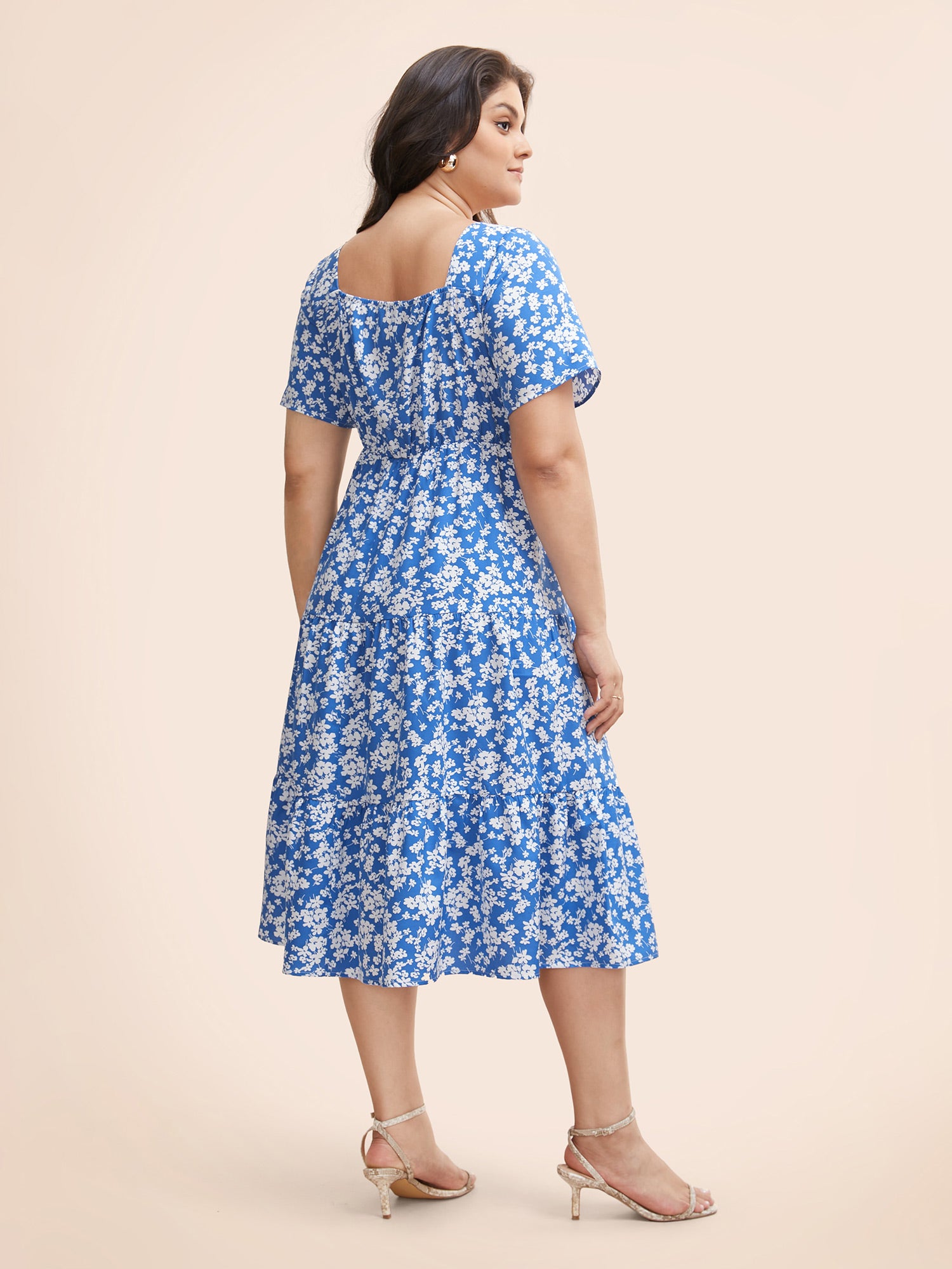 Ditsy Floral Heart Neckline Drawstring Dress