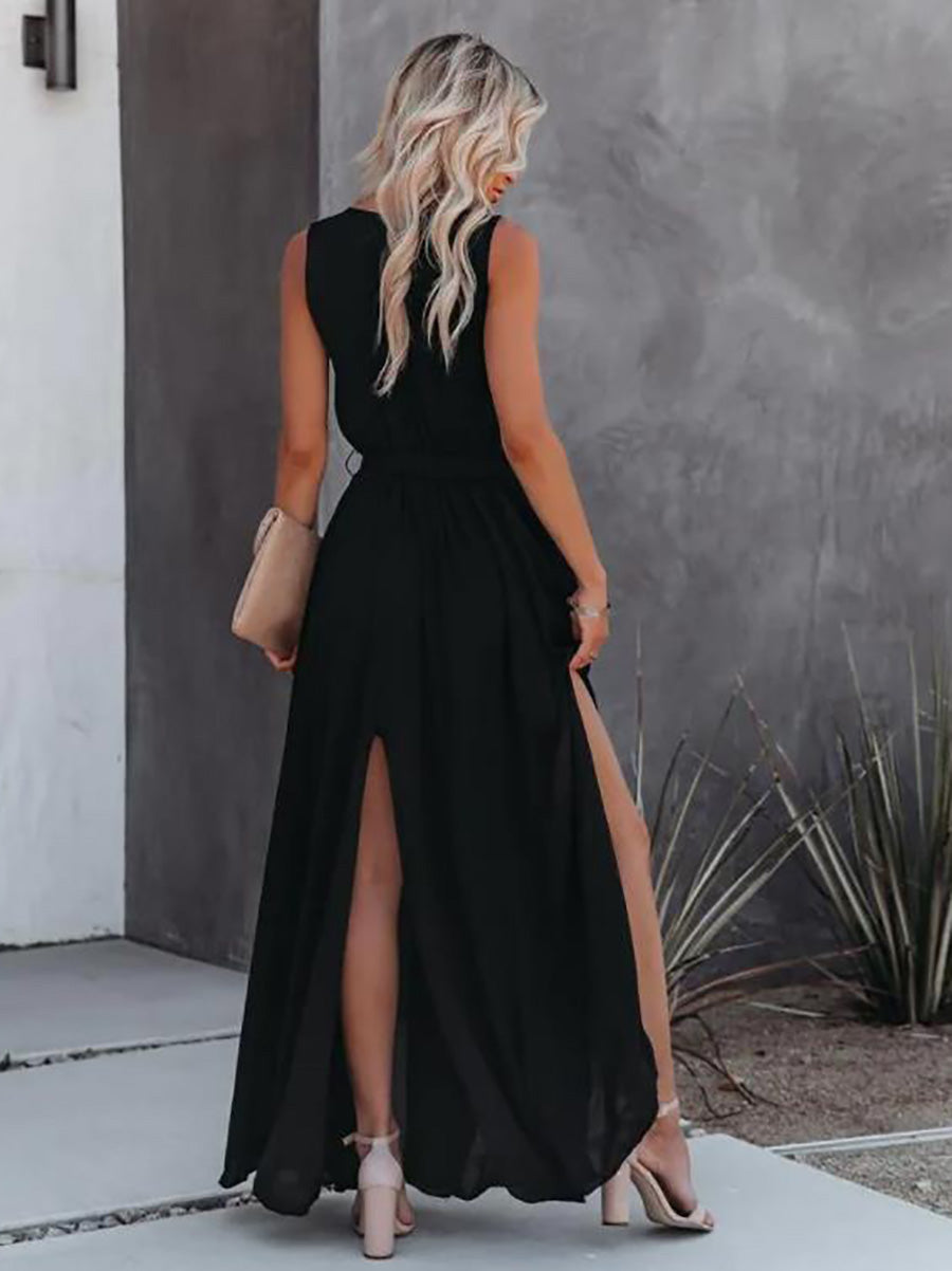 V-Neck Sleeveless Solid Color Dress