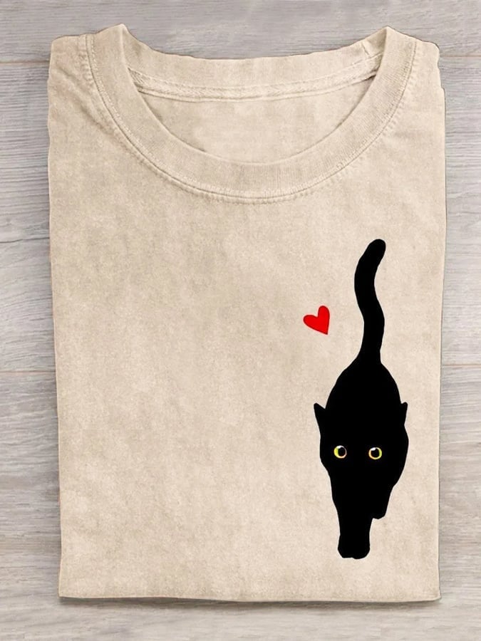 Women's Couple With Hearts And Black Cat Art Print T-Shirt