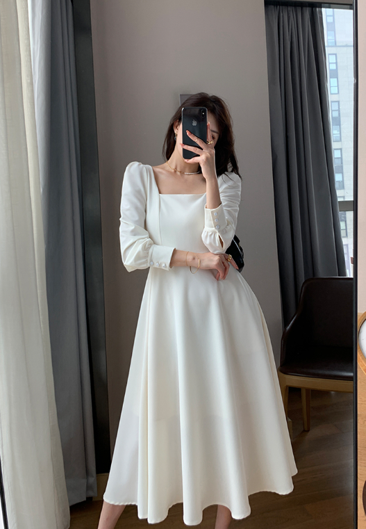 Long Sleeve Square Neck Fit & Flare Midi Dress