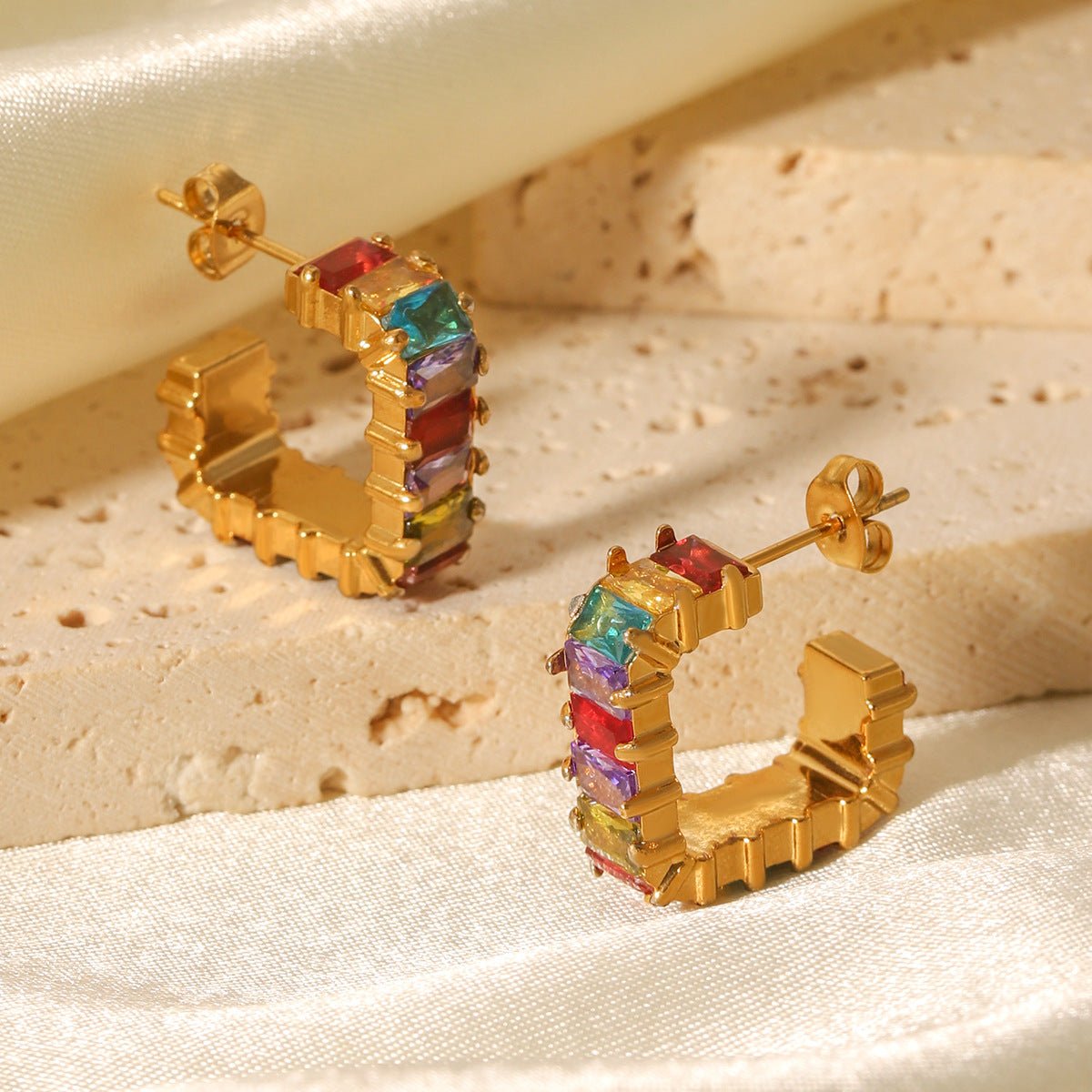 Ins Style C-Shaped Stainless Steel Earrings Inlaid With Colored Zircon Earrings Titanium Steel