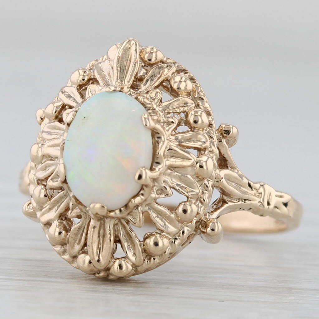 Opal Oval Cabochon Solitaire Ring 10k Yellow Gold Vintage Ornate Size 7