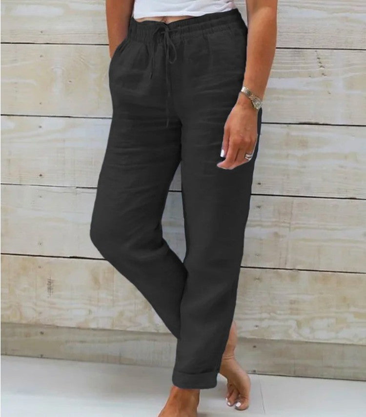 Women's high waist elastic waist solid color cotton and linen casual pants