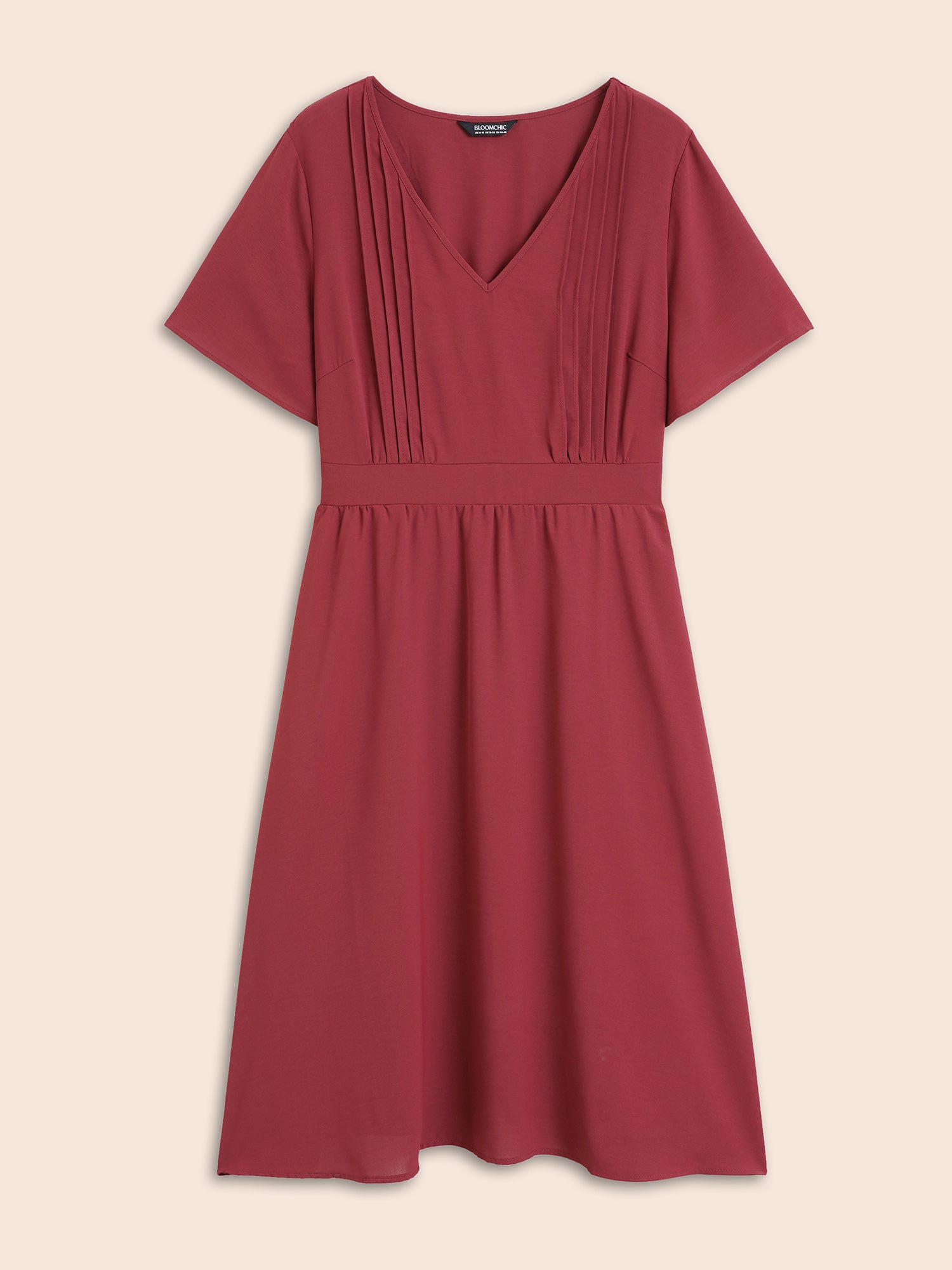 V Neck Pleated Shirred Midi Dress