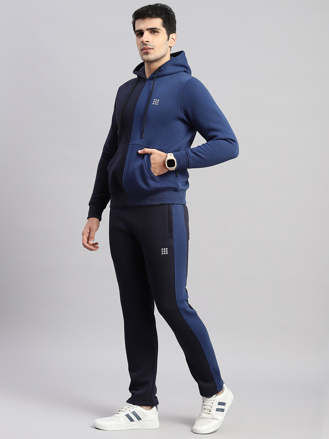 Men Navy Blue Solid Hooded Full Sleeve Winter Tracksuit