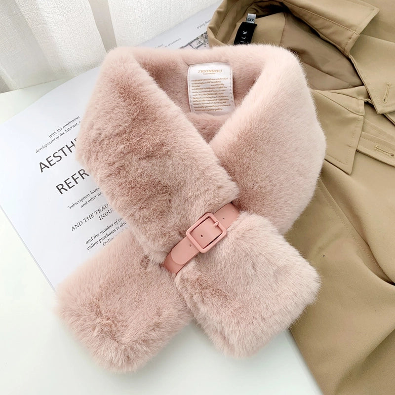 Women's Plush Collar Scarf With Belt Buckle Autumn And Winter Warm Fashionable All-match Cross Scarf