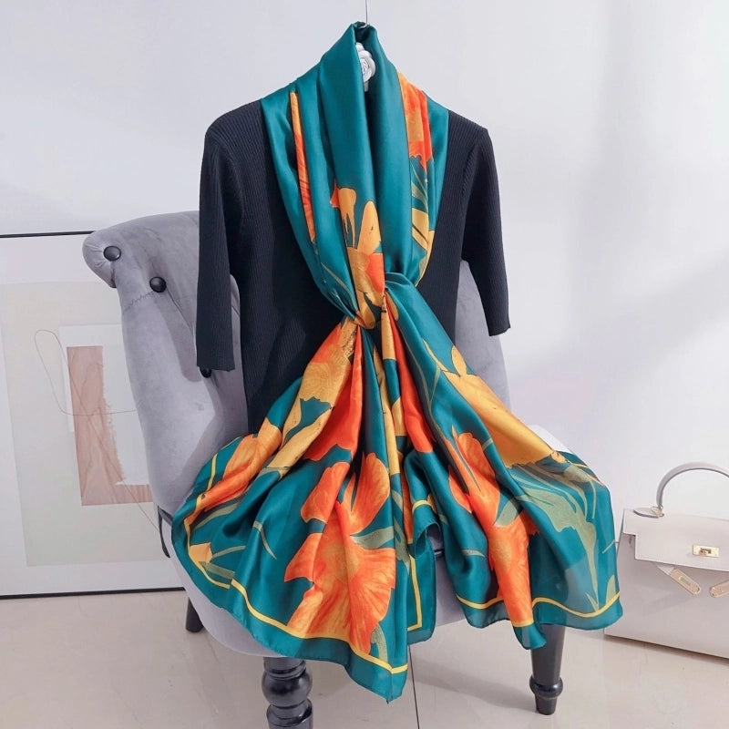 Silk Scarf Women's Spring And Autumn Fashion Printed Silk Elegant Scarf Thin Shawl Office Outer Warming Scarf