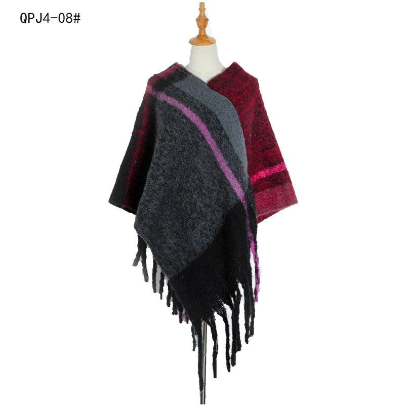 Hot Style New Autumn And Winter Women's Shawl Thick Tassel Loop Yarn Large Plaid Cloak