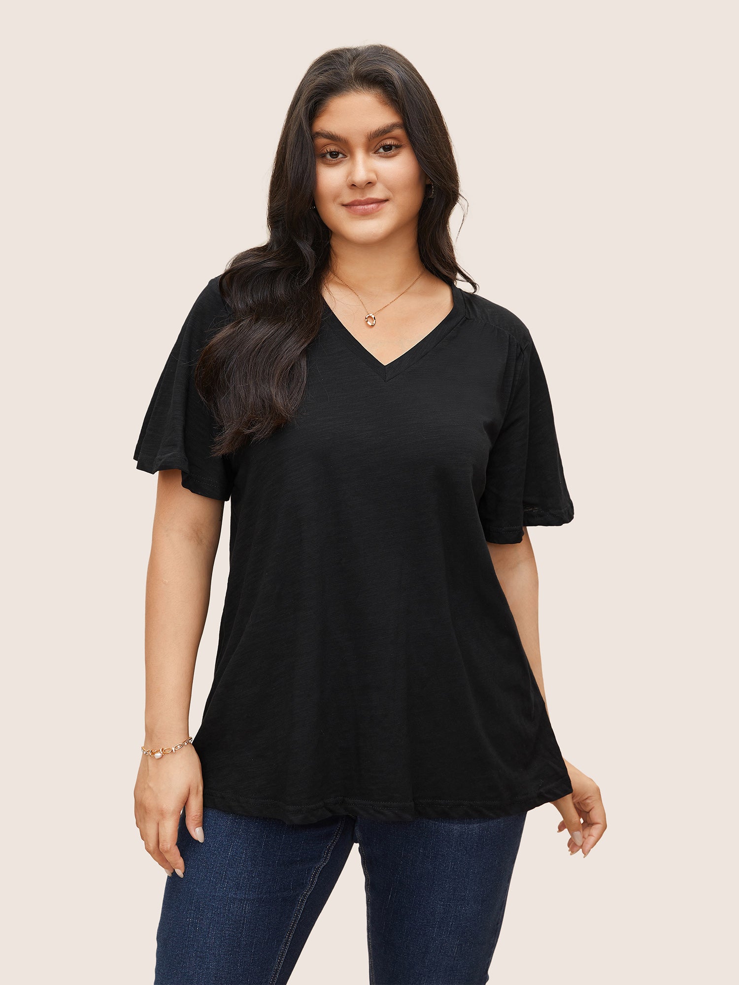 Plain Ruffle Sleeve Heather V Neck T-shirt
