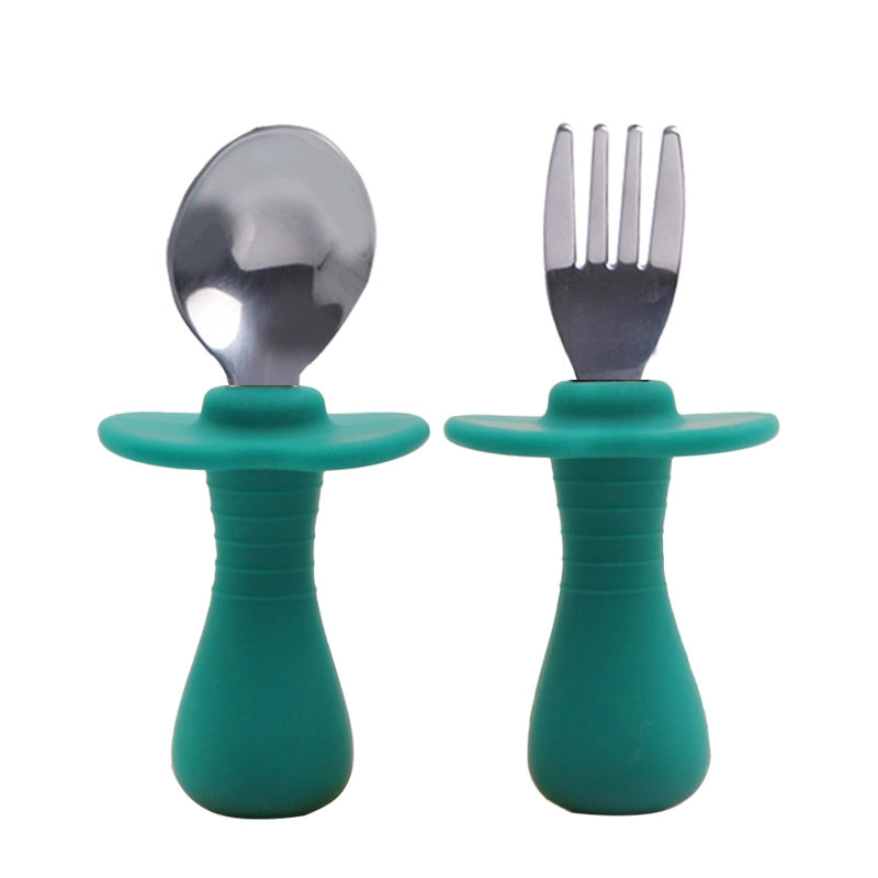 Baby Silicone Fork Spoon Children's Stainless Steel Training Short Fork Spoon Children's Tableware Set Portable Short Handle Fork Spoon