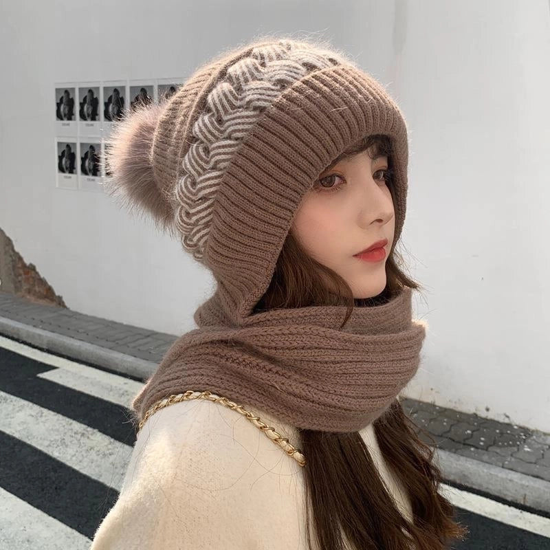 Hat Women's Autumn And Winter Korean-style Cute Knitted Hat Cold-proof Ear Protection Neck Protection Thickened Wool Hat Scarf -one Hat