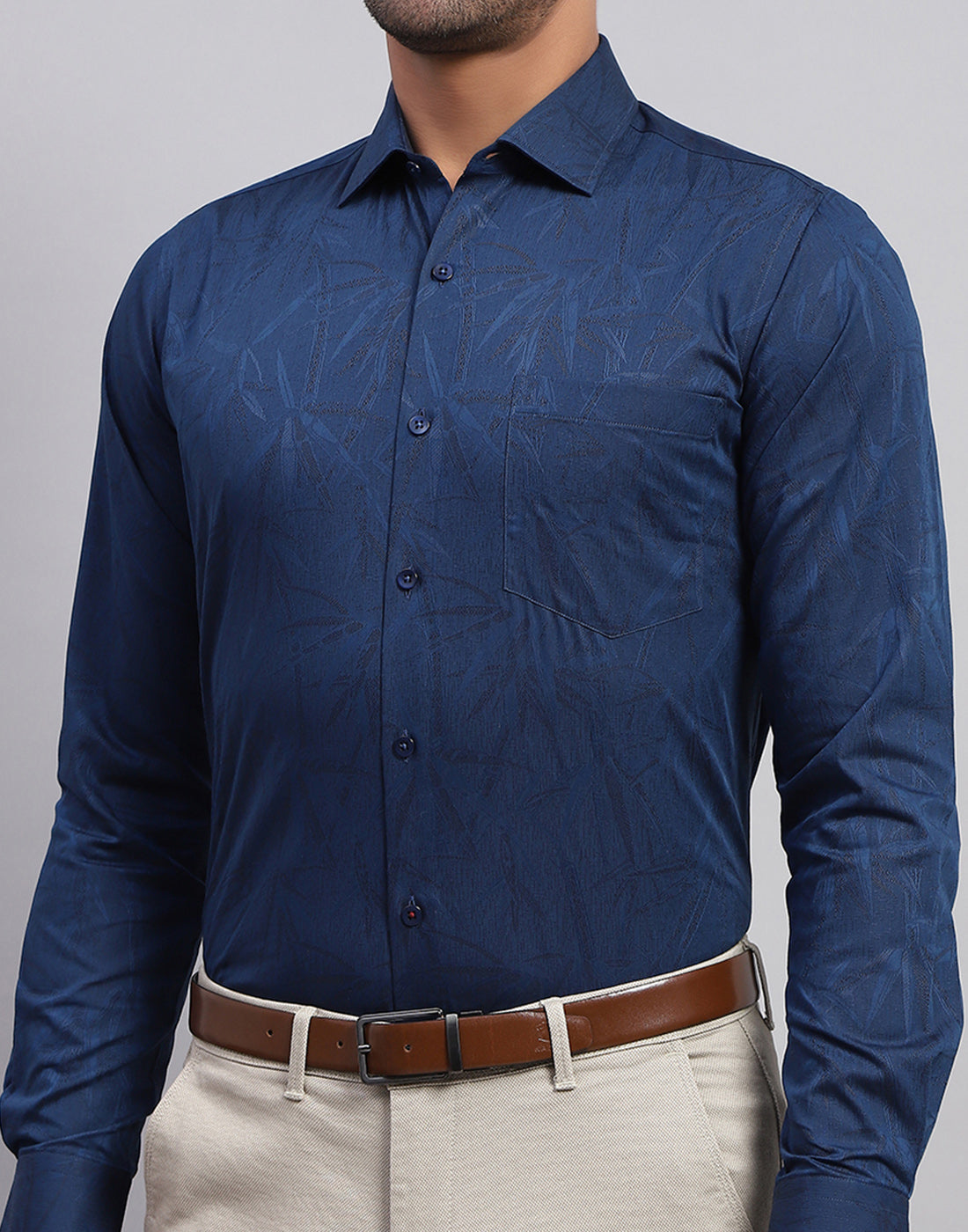 Men Navy Blue Floral Print Collar Full Sleeve Shirt