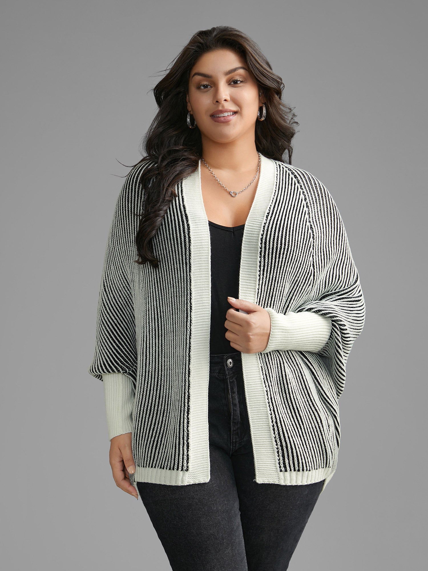 Striped Textured Kimono Collar Dolman Sleeve Cardigan