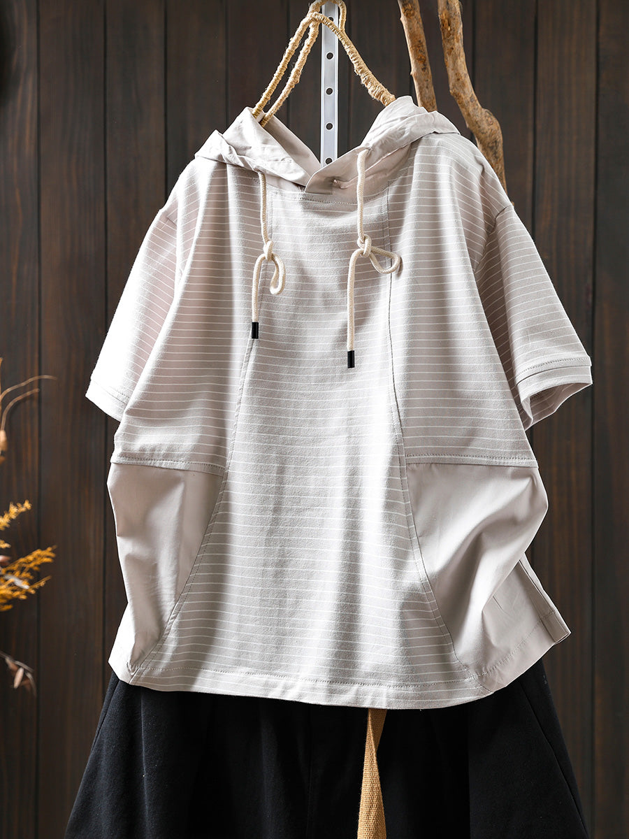 Women Summer Casual Stripe Spliced Hooded Cotton Shirt
