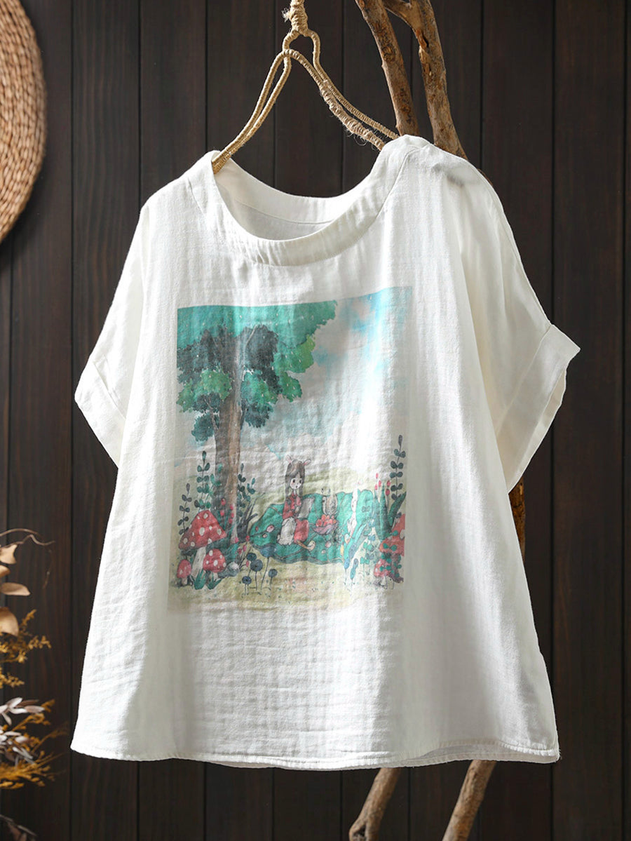 Plus Size Women Summer Casual Print O-Neck Cotton Shirt