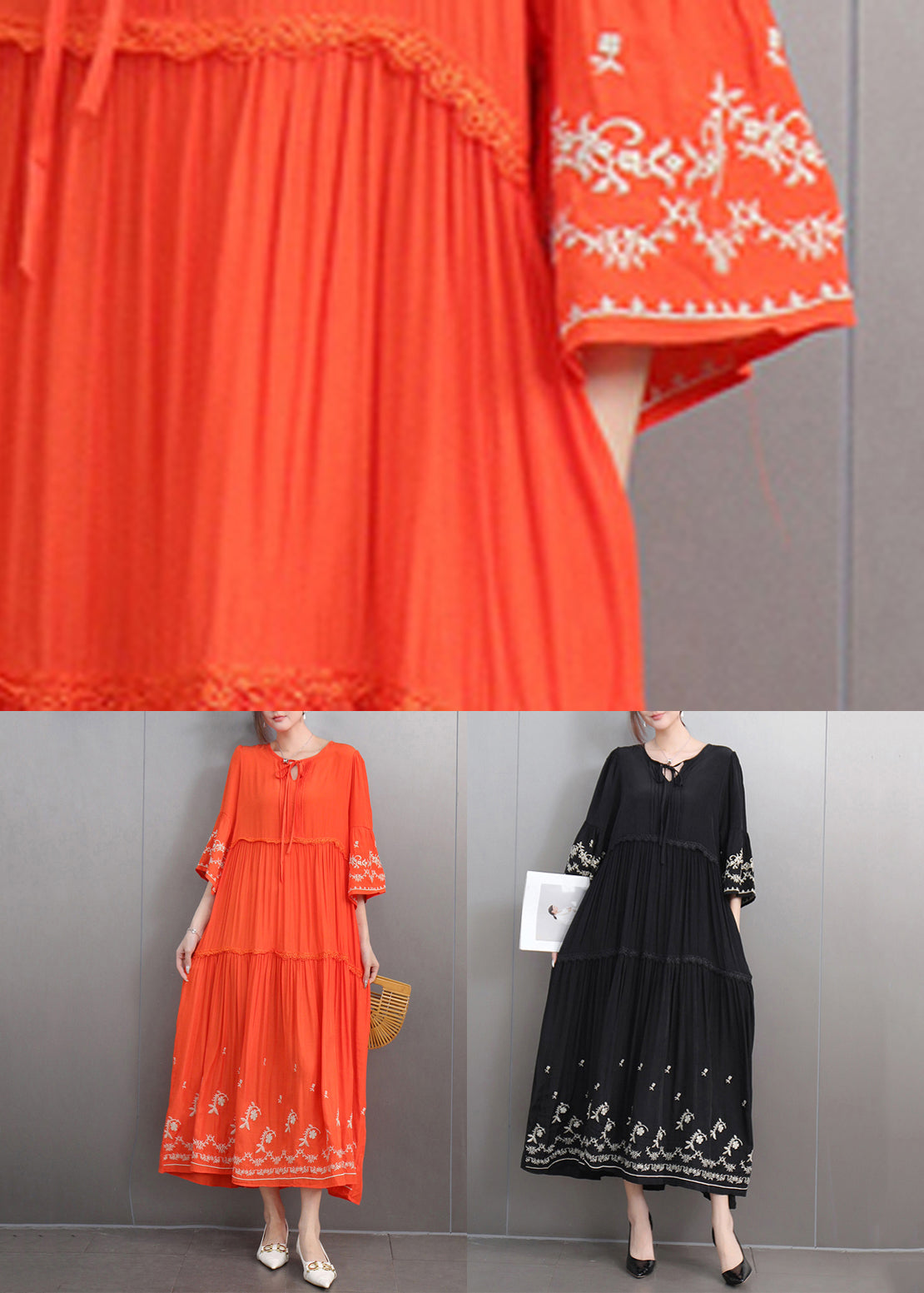 Black Lace Up Ruffled Cotton Long Dresses Embroidered Flare Sleeve