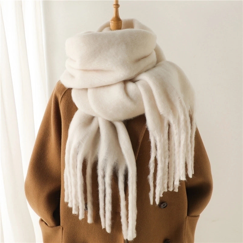 Mohair Scarf Pure Color All-matching Winter Warm Lengthened Fringe Bib Scarf Men's And Women's European And American Export Thick Scarf