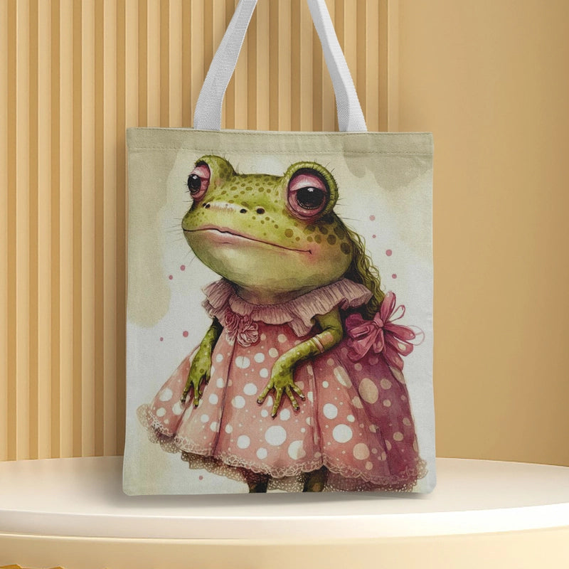 Women's Medium Canvas Frog Basic Classic Style Square Open Canvas Bag