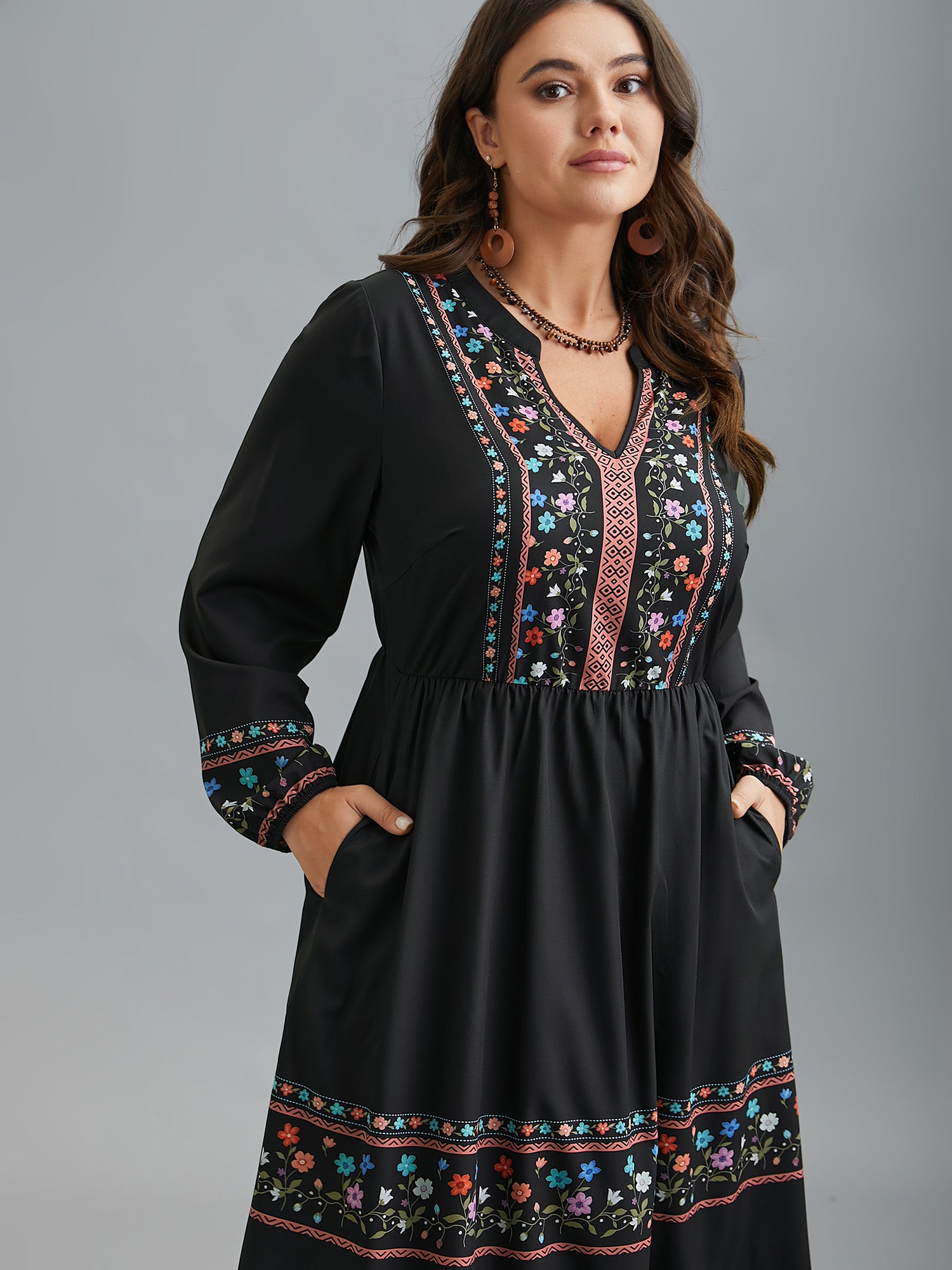 Notched Collar Boho Print Midi Dress