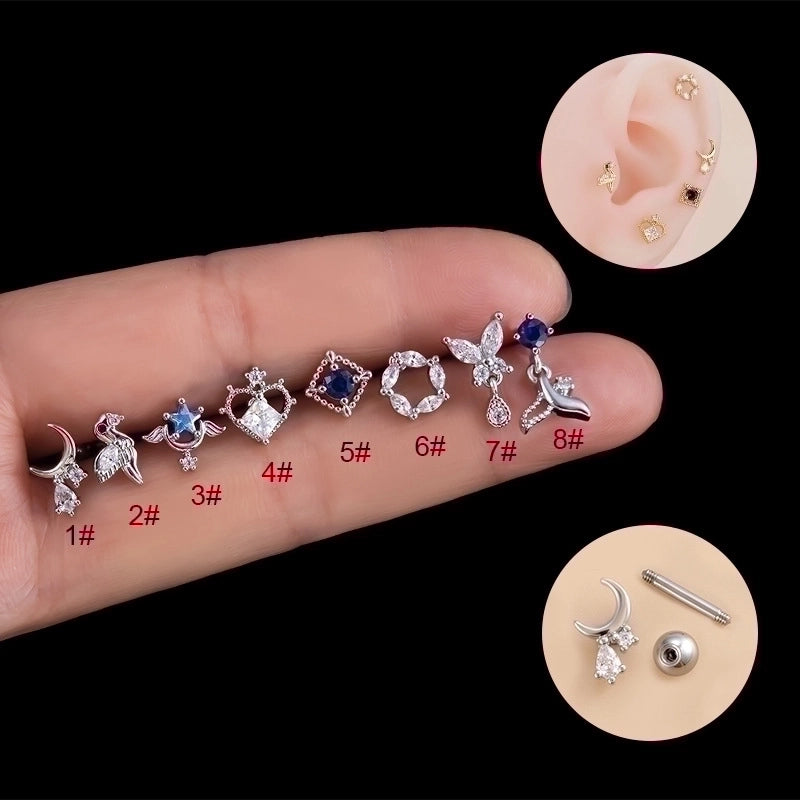 1 Piece Ear Cartilage Rings & Studs Retro Moon Water Droplets Heart Shape 316L Stainless Steel  Copper Inlaid Zircon
