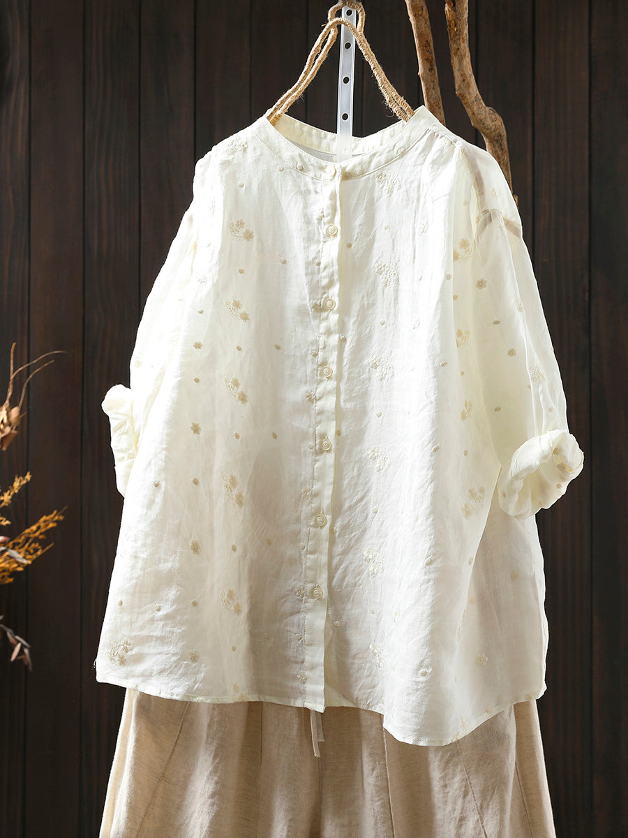 Women Summer Embroidery 100%Ramie Stand Collar Shirt