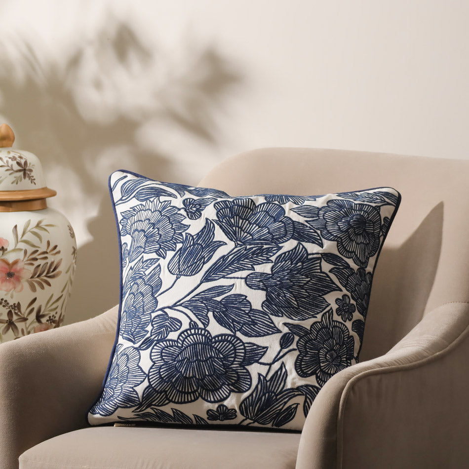 Flora Embroidered Cushion Cover - Dark Blue