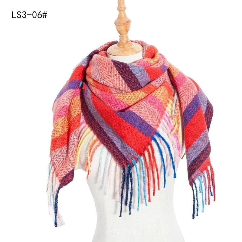 New Circle Yarn Stripe Plaid Polyester Long Tassel Bristle Square Scarf Female Men's Scarf Shawl