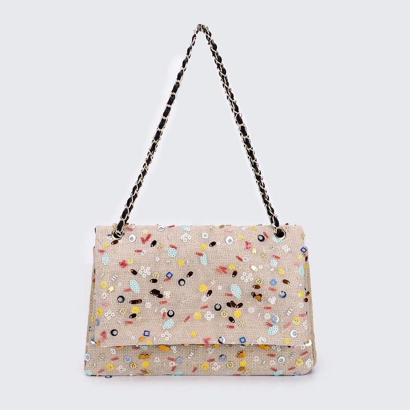10 Pieces Women's Large Hemp Material Flower Elegant Sequins Square Flip Cover Crossbody Bag