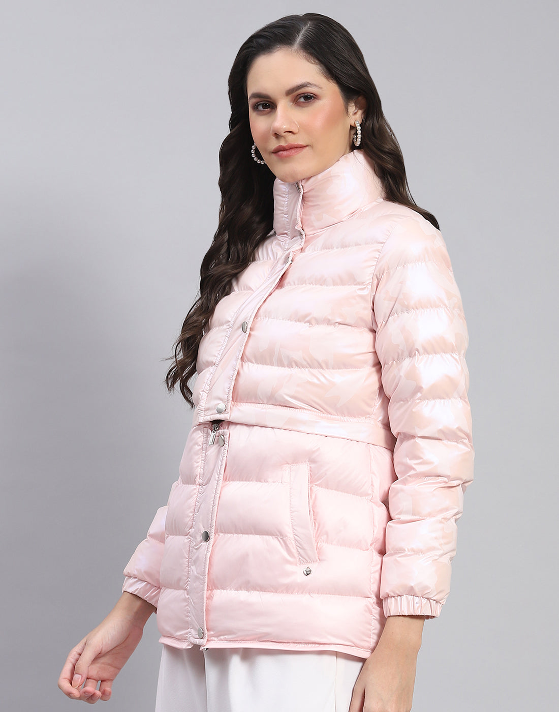 Women Pink Solid Stand Collar Full Sleeve Jacket