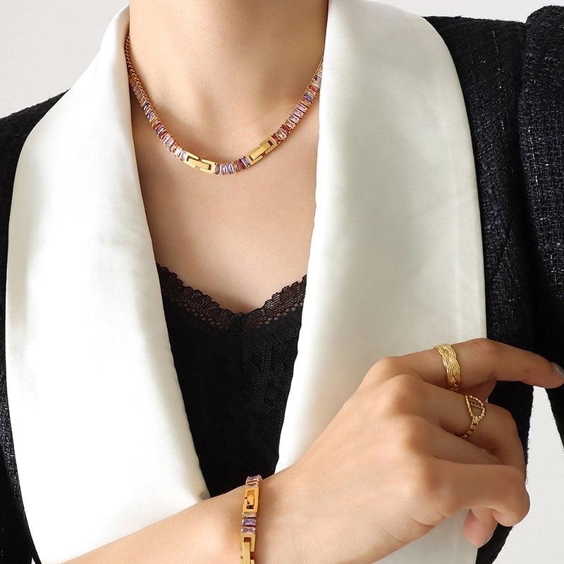 Geometric Titanium Steel Splicing Zircon Bracelets Necklace