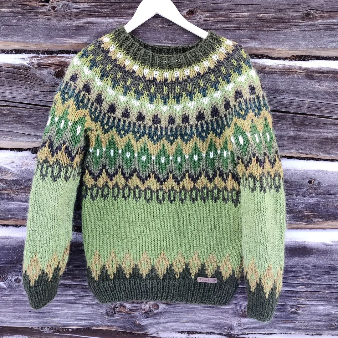 Vingate Geometric Green Iceland Jacquard Knitted Pullover Sweater