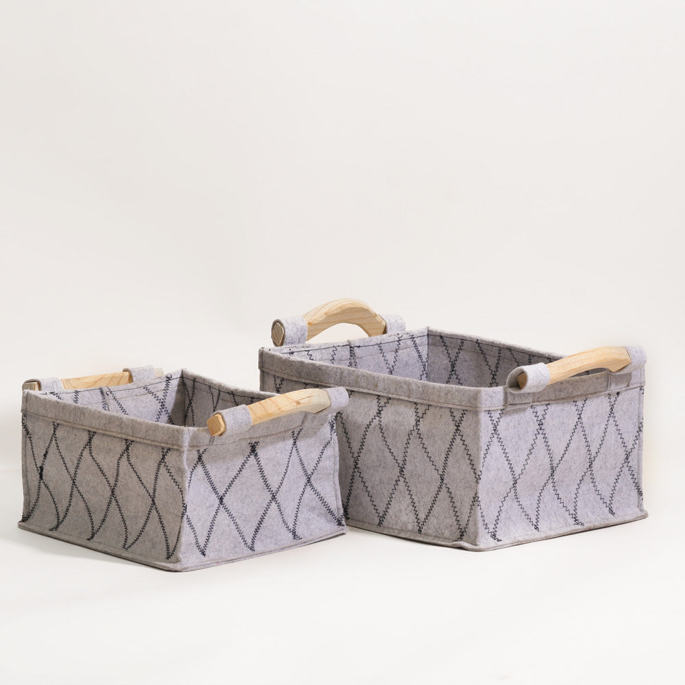 Checks Felt Storage Baskets with Wooden Handles. Set of 2 - Grey