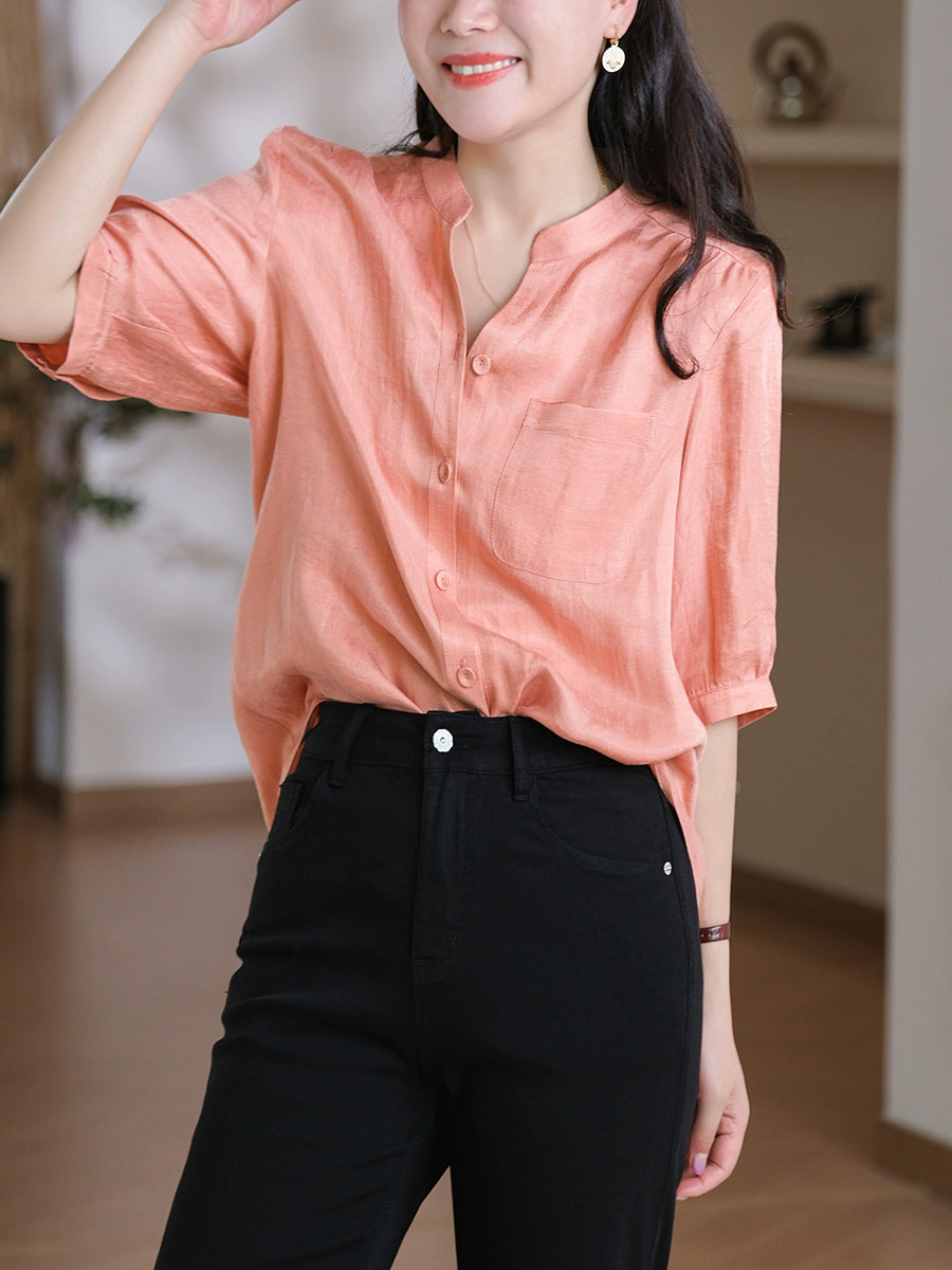Women Summer Casual Pure Color Pocket V-Neck Shirt