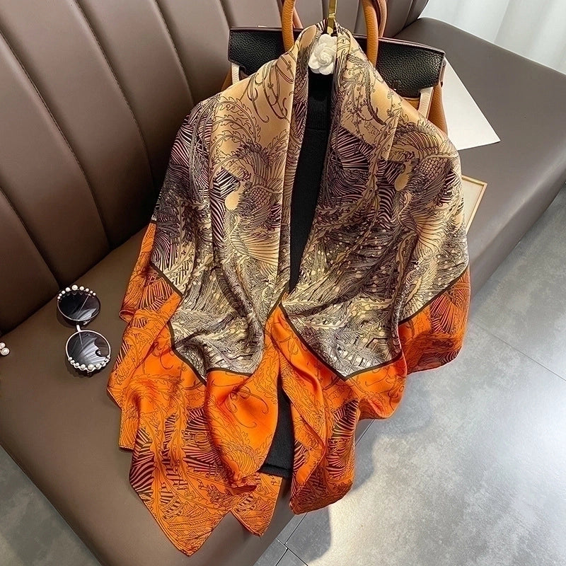 Classic Blue Orange Big Flower Simulation Silk Scarf Large Square Shawl