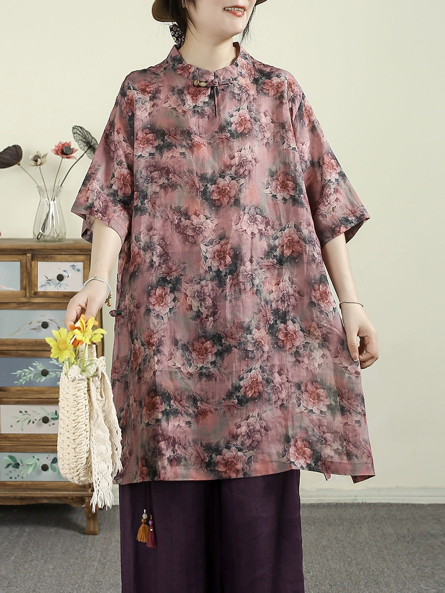 Women Summer Vintage Flower Stand Collar 100%Ramie Shirt