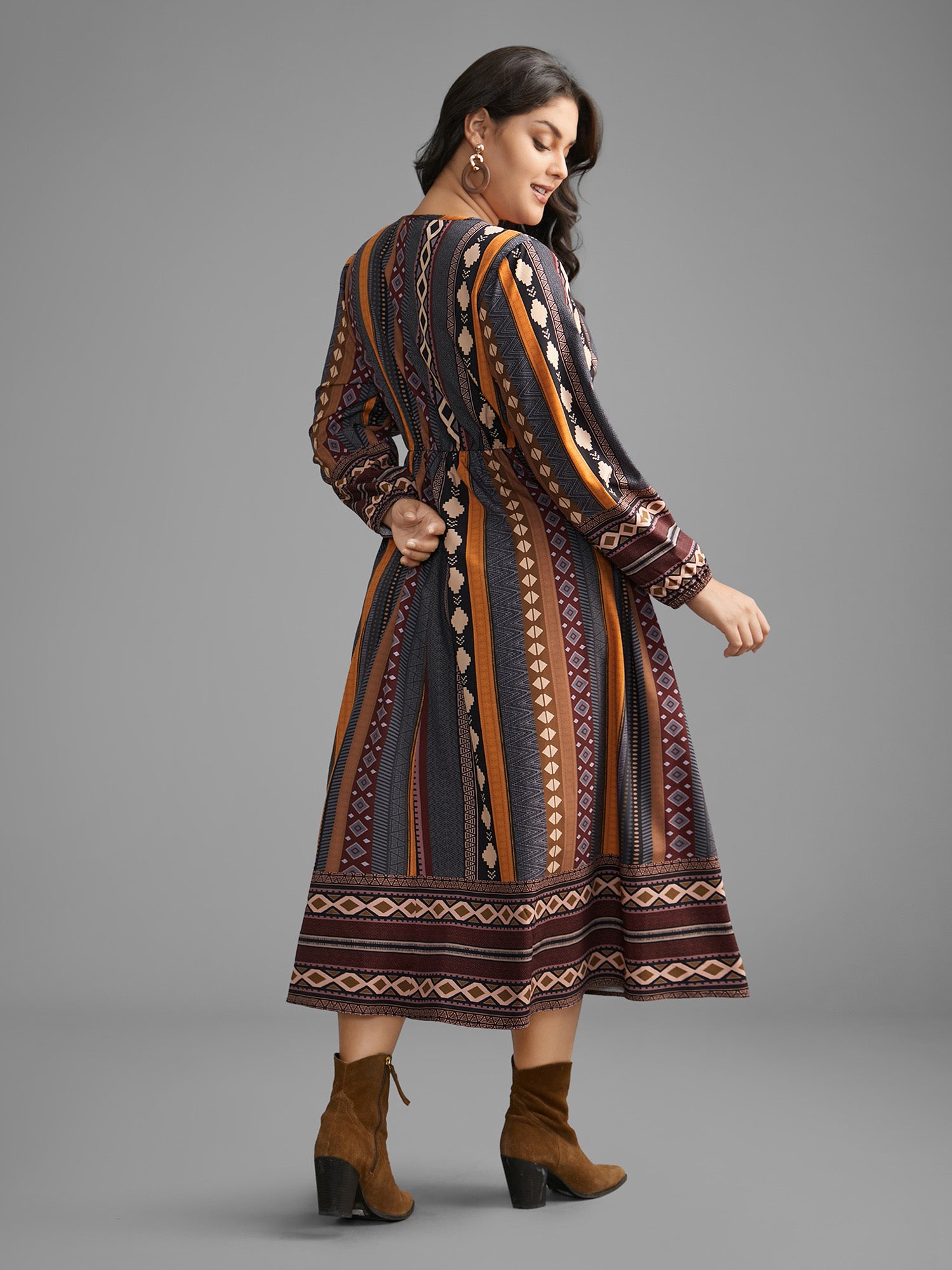 Bandana Striped Lantern Sleeve Midi Dress